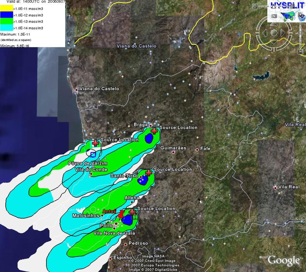 Figura 9 Visualização de 4 resultados do modelo de dispersão Hysplit, no software GoogleEarth TM, referentes a 4 focos de incêndio ocorridos no mesmo dia, 7 de Agosto de 2006, na área do Porto