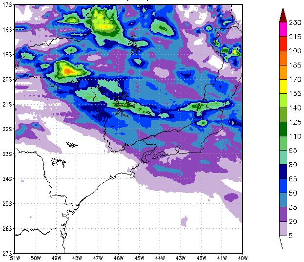O acumulado de precipitação (mm/24h) do CMOPRH para o caso 2 no dia 27/12/08 às 12h pode ser visualizado na Figura 4.6. Observa-se precipitação sobre praticamente todo o estado de Minas Gerais.