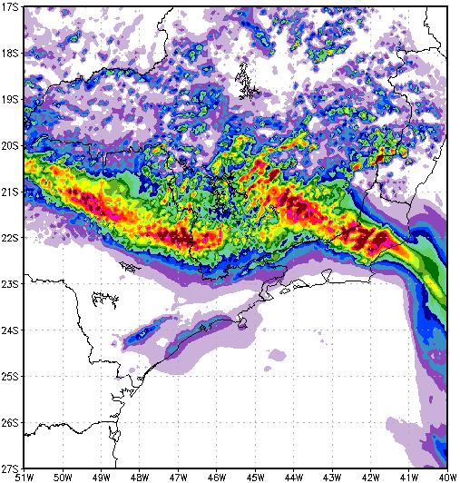 Precipitação acumulada (mm/24h) simulada pelo modelo