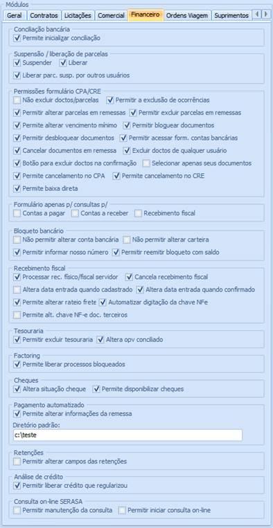 Financeiro. Não permitir alterar conta bancária: Quando marcado, desabilita o campo Conta no formulário de emissão de bloquetos bancários do módulo financeiro.