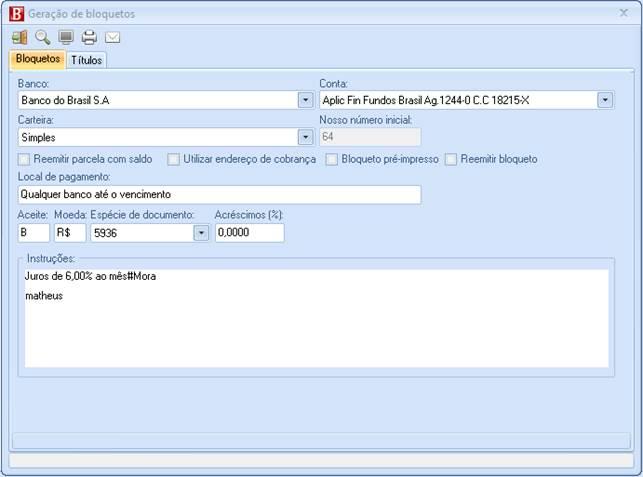Geração de bloquetos. Geração de Bloquetos Banco: Selecionar o banco pelo qual o título será cobrado. Conta: Selecionar a conta bancária pela qual o título será cobrado.
