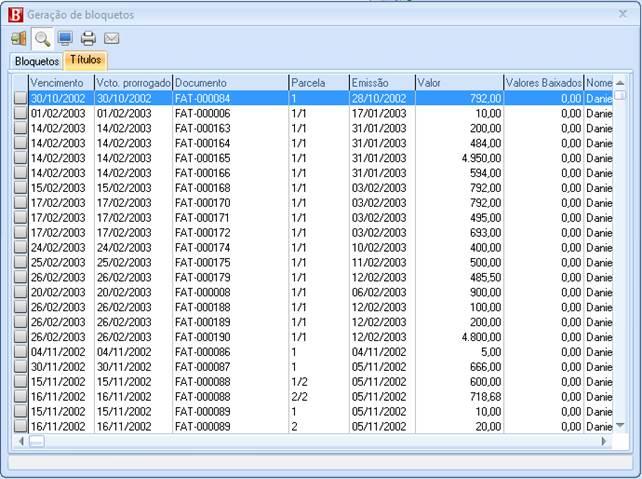 Títulos Ao executar o filtro o sistema irá exibir os títulos filtrados na guia Títulos. Geração de bloquetos. Títulos para Geração de Bloquetos.