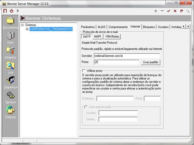 Configurar o sistema para enviar e mails. Esta configuração é realizada no Server Mananger em Sistemas > Internet. Parametrização.