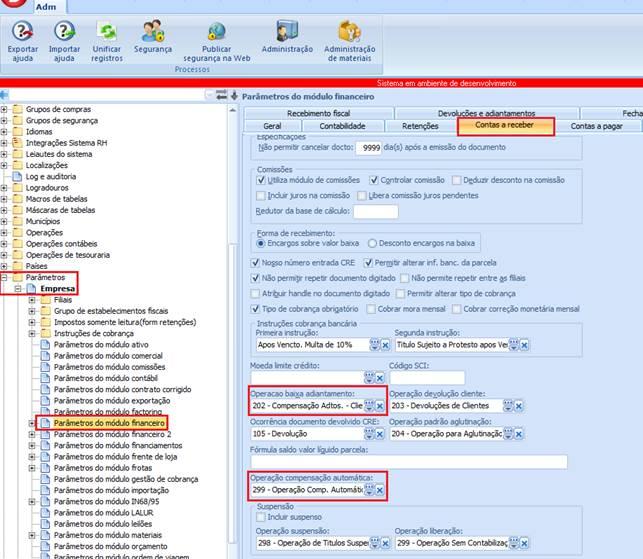 Operação baixa adiantamento/operação compensação automática. A Operação baixa adiantamento deve ter o código interno de tesoraria como Compensação de adiant. clientes.