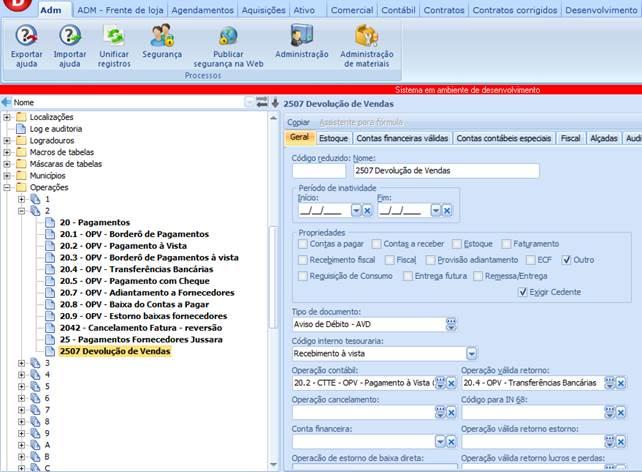 Para o cadastro da devolução é necessário que a operação utilizada tenha o código interno de tesouraria: Devolução Venda e a propriedade do Contas a receber, este código e a propriedade é informada