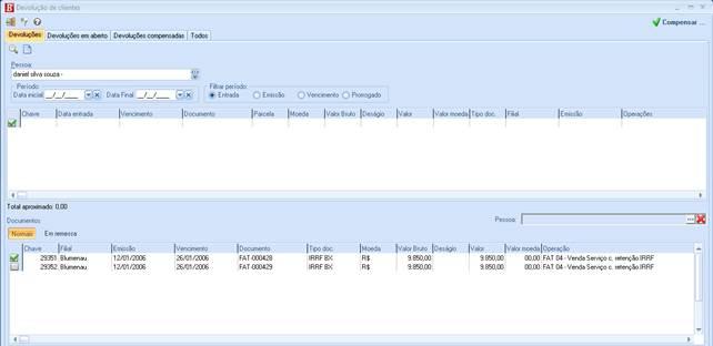 Efetuada a compensação, os títulos desaparecem desta tela e serão exibidos na pasta devoluções compensadas.