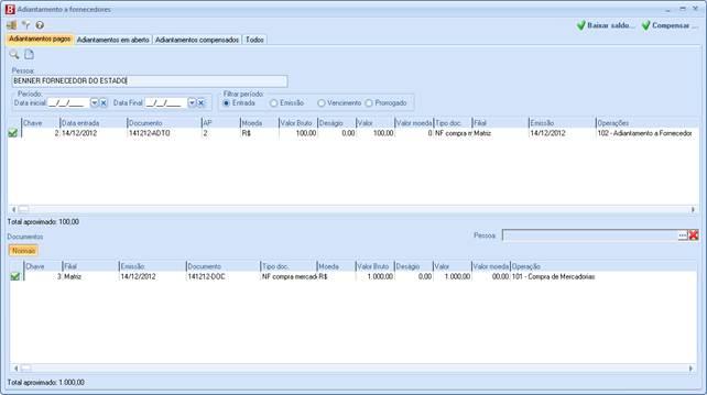 Adiantamento a fornecedores. Observação: A responsabilidade é do usuário decidir se deve ou não realizar a compensação de documentos normais com adiantamentos.