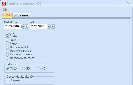 Filial: Permite selecionar os lançamentos de uma filial ou várias. Pessoa: Permite escolher determinado cliente. Quando branco gera para todas. Tipo de lançamentos: Permite selecionar TIPOLANCAMENTO.