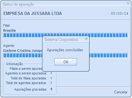 Após processar as comissões (de um ou de todos os representantes), o sistema apresentará esta tela onde o usuário confirmará o processo clicando em [Ok]. Confirmação do processo. Apuração.