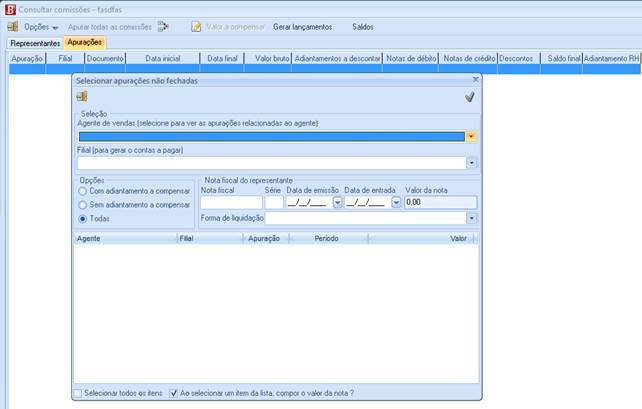 Para gerar um registro de Contas a Pagar de comissões aos representantes, clique no botão Gerar lançamentos. Gerar Lançamentos. Agente de vendas: Selecionar o respectivo agente da lista.