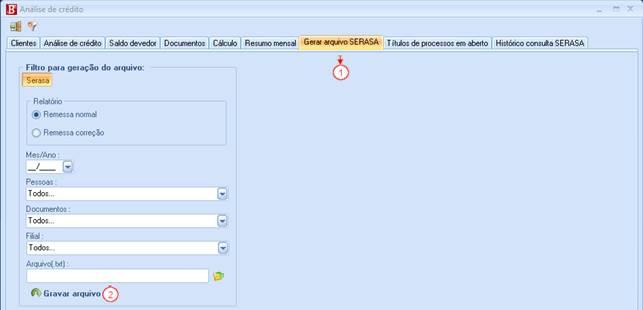 Gerar arquivo Serasa. Remessa normal: Esta opção irá gerar o arquivo Remessa Normal para envio ao Serasa. Remessa correção: Esta opção irá gerar o arquivo Remessa Correção para envio ao Serasa.