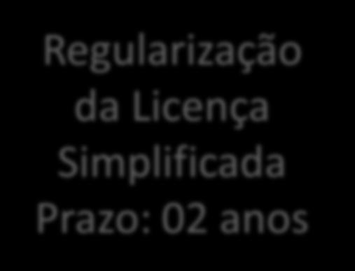 Licenciamento Ambiental: Etapas Regularização da LI Prazo: 02 anos Regularização da LO Prazo: 03 anos Licença Prévia (LP) Prazo: 03 anos Licença de