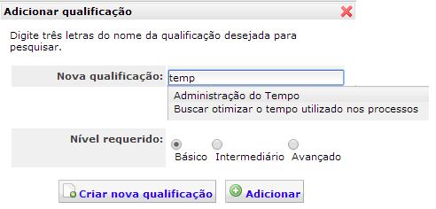 Ao clicar em Adicionar qualificação por nome será apresentada, em uma nova tela, um