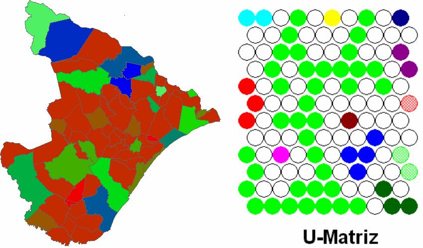 Figura 2. A U-Matriz, à direita na Figura 2, é uma das formas de representação visual do resultado da aprendizagem da rede SOM (Silva [1]).