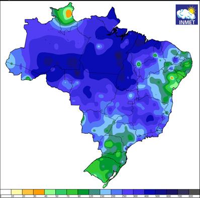 Na Região Sul, as chuvas se apresentaram com características típicas da influência do fenômeno La Niña, com bastante irregularidade e baixa precipitação, principalmente no Rio Grande do Sul (Figura