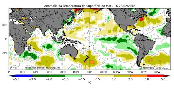 7.2. Condições oceânicas recentes e tendência O mapa de anomalias da temperatura na superfície do mar (TSM) da segunda metade de fevereiro (Figura 3), mostra o predomínio de áreas com anomalias