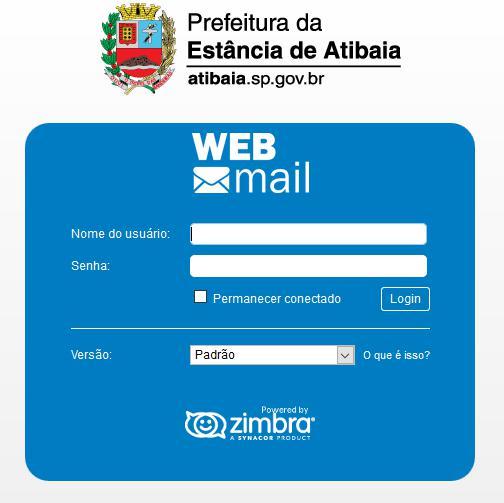 2. Acesso ao Zimbra Groupware Para acessar a interface web Zimbra Groupware (Webmail) da Prefeitura da Estância de Atibaia, basta utilizar o seguinte endereço em seu navegador: https://webmail.