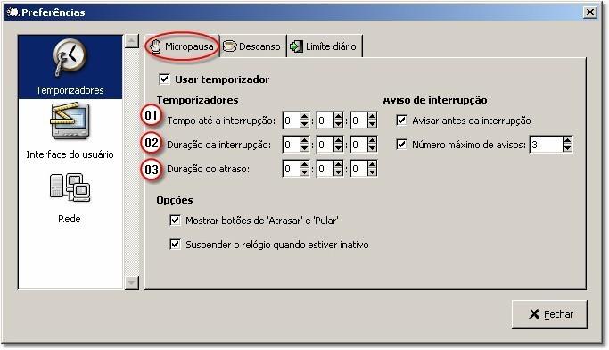 Micropausa Tempo até a interrupção da Micropausa - Determina o tempo para aparecer a janela de micropausa na tela do computador o ideal seria uma pausa a cada 01 hora trabalhada Duração da