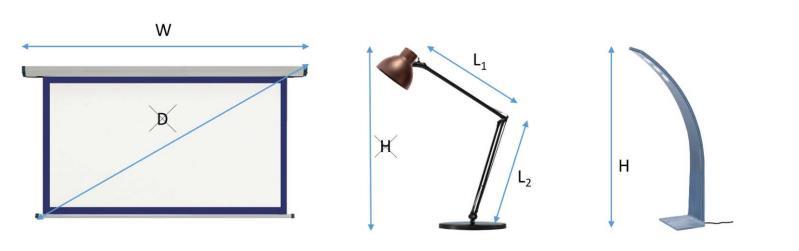 Projetor Luminária articulada Luminária inflexível Medida W, e não a medida D Maior medida entre L 1 e L 2 Medida H Aspirador Medida H (sem cano, tubo, escova de chão) Encontra-se também