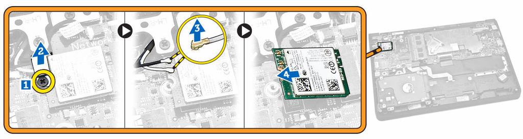 Como remover a placa WLAN 1. Siga os procedimentos descritos em Antes de trabalhar na parte interna do computador. 2. Remova a/o: a. tampa da base b. bateria 3. Execute as seguintes etapas: a.