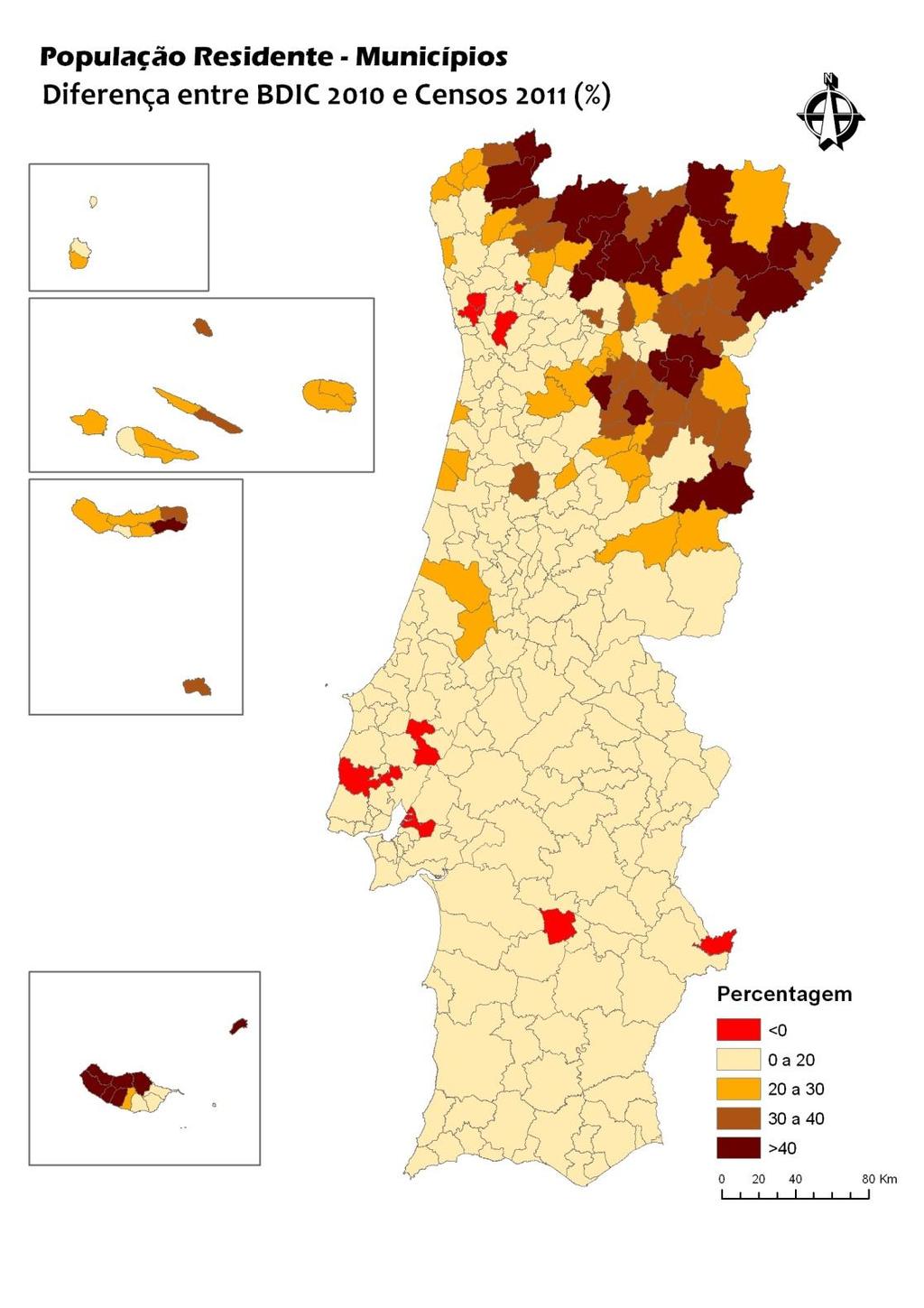 Fig 4 Diferença entre a BDIC 2010 e os Censos 2011, em percentagem Da análise da figura 3, conclui-se que são os municípios localizados na faixa litoral a partir de Lisboa para Norte aqueles que
