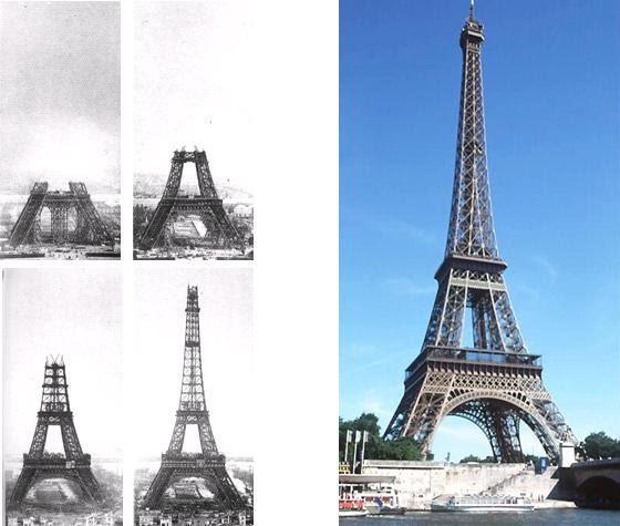 Figura 4:Torre Eiffel durante a montagem e actualmente [2] Entre os edifícios de andares múltiplos que usam estruturas em aço, podem ser lembrados vários com cerca de uma centena de pavimentos.