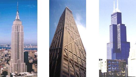 Outros exemplos marcantes são o John Hancock Center, em Chicago, com 344 m de altura, concluído em 1969 e o Sears Towers, também em Chicago, com 443 m de altura, de 1974, tal como ilustra a figura 5