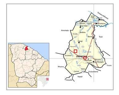 51 Figura 2.1: Localização do município de Itapipoca-Ceará. O sítio paleontológico Lajinhas é mostrado pelo quadro vermelho no mapa a direita. Fonte: www.ipece.ce.gov.