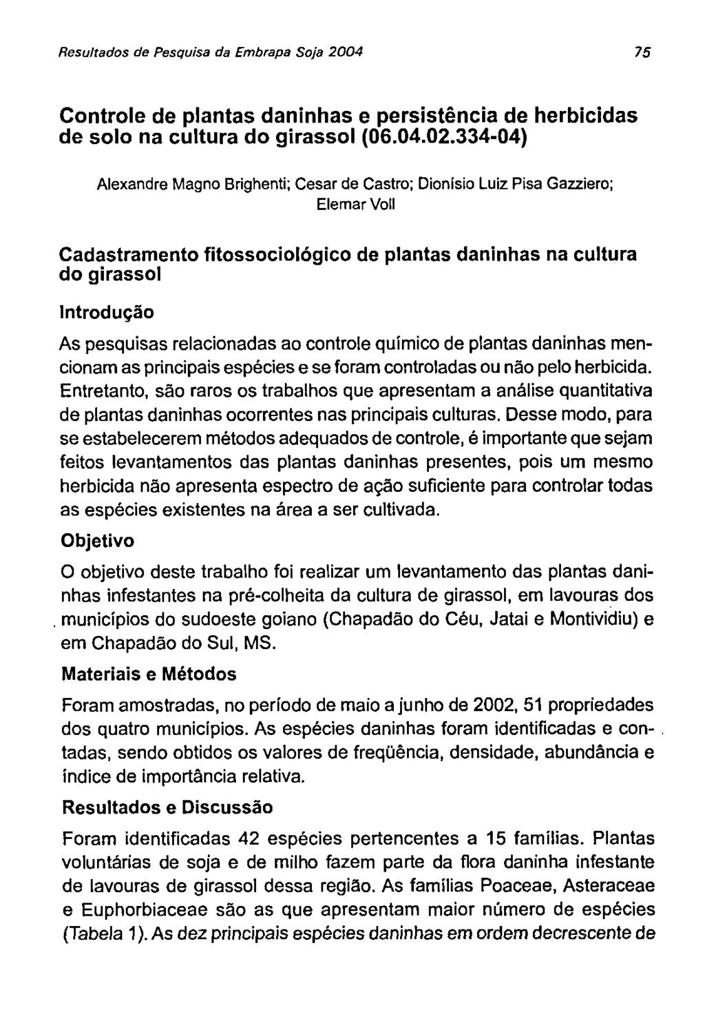 Resultados de Pesquisa da Embrapa Soja 2004 75 Controle de plantas daninhas e persistência de herbicidas de solo na cultura do girassol (06.04.02.