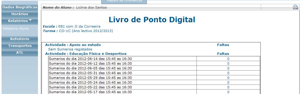 5. Relatórios No separador relatórios temos os relatórios das AEC que os alunos frequentam. O relatório apresenta em cada linha o sumário de uma aula, agrupado por disciplina AEC.