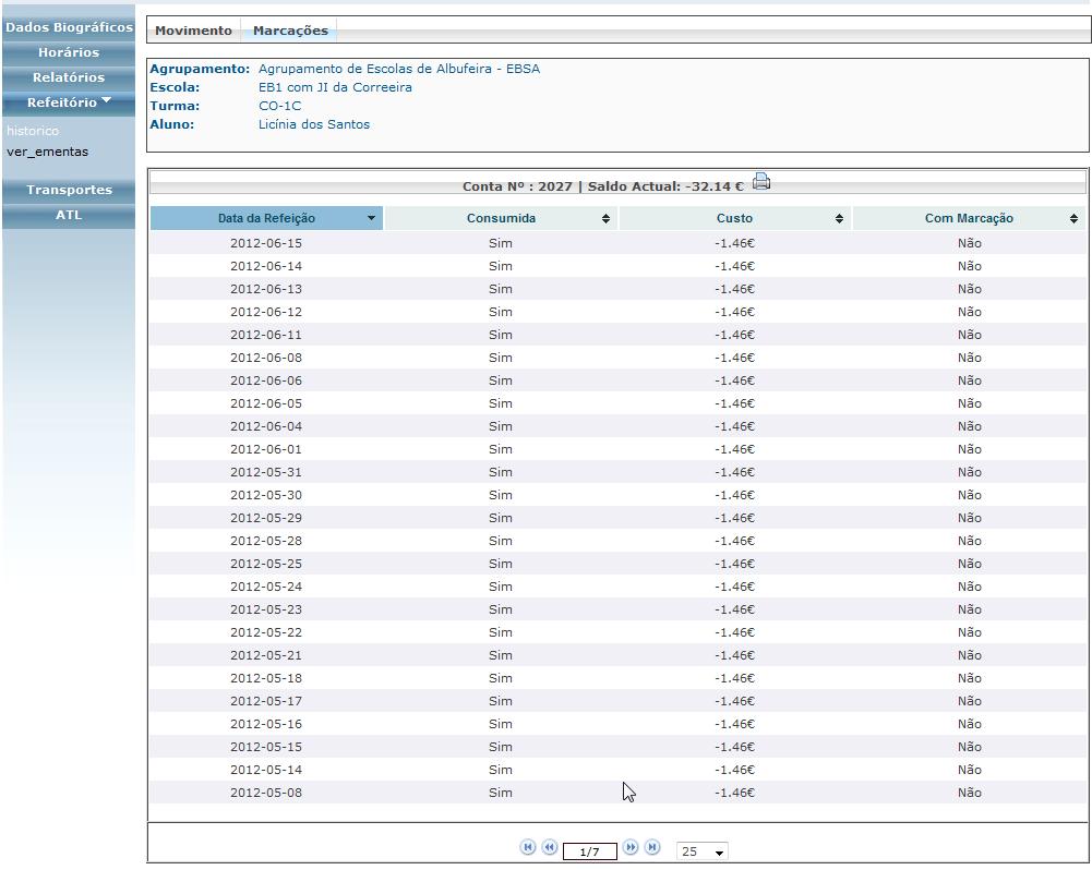 6.1.2 Marcações Aqui temos a lista dos Abatimentos, ou seja, as refeições consumidas. Para identificar uma refeição temos a Data da Refeição, Consumida, o Custo e Com Marcação.