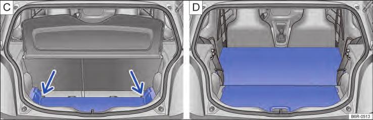 Dependendo da versão do veículo, o assoalho variável está disponível no compartimento de bagagem. Abrir e fechar o assoalho variável do compartimento de bagagem Para abrir, levantar pela alça Fig.