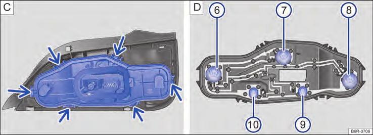 114 Lanterna traseira: C: desinstalar o suporte da lâmpada, D: desinstalar a lâmpada incandescente. Executar as ações sempre na sequência indicada. 191.5B1.BUP.66 Remover a lanterna traseira 1.