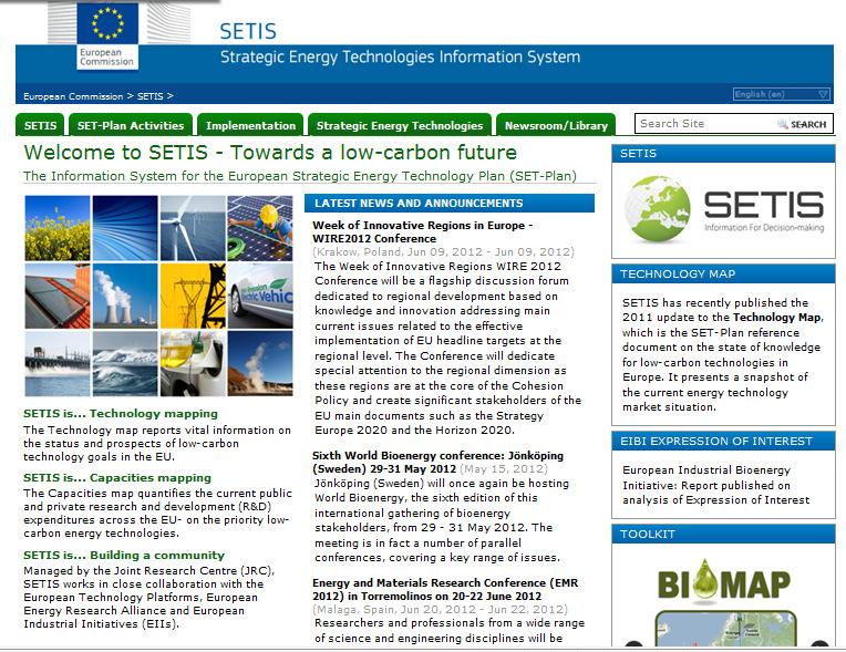 Outro elemento do SET-Plan: o SETIS, Set-Plan Information System SETIS website: http://setis.ec.europa.