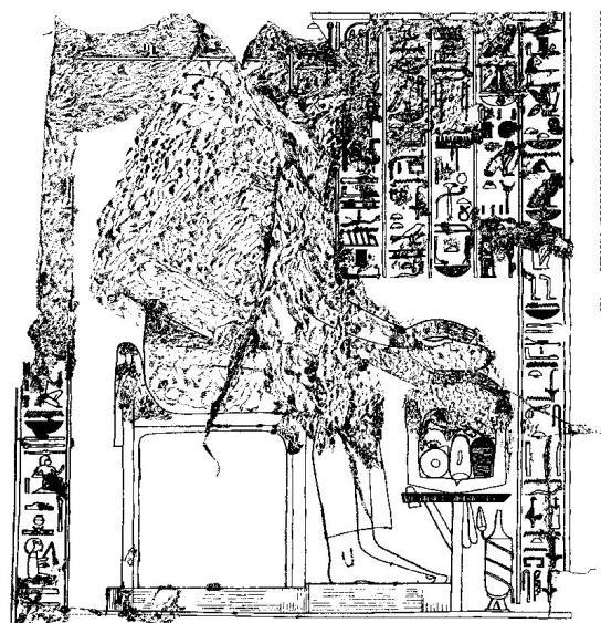 Abertura da passagem para a primeira sala hipóstila, parte inferior, ombreira sul. Títulos de Kheruef, (Pl. LXX) Fig.
