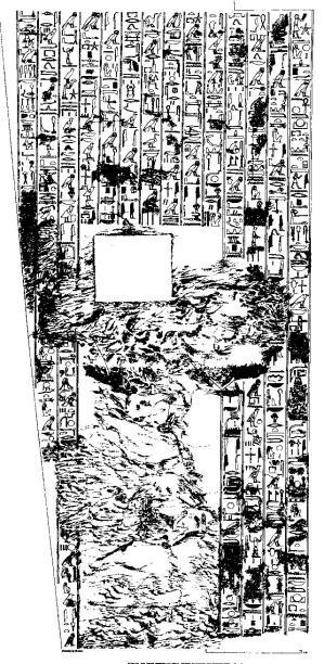 Fig. 4 Hino ao sol poente e representação de Kheruef, totalmente martelada. Túmulo de Kheruef, TT 192, vestíbulo, à direita. WENTE, Edward F. op. cit., Pl. VII.