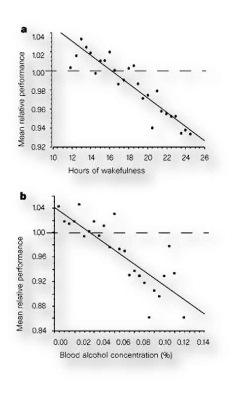 Desempenho e consumo de álcool Depois de 17 a 19 horas sem dormir, o desempenho em testes específicos é equivalente ou pior que o teor alccólico sanguíneo de 0,05%.