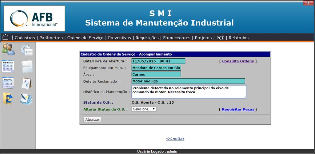 Tela de Andamento das OS s, possibilidade de criar históricos e status, podendo