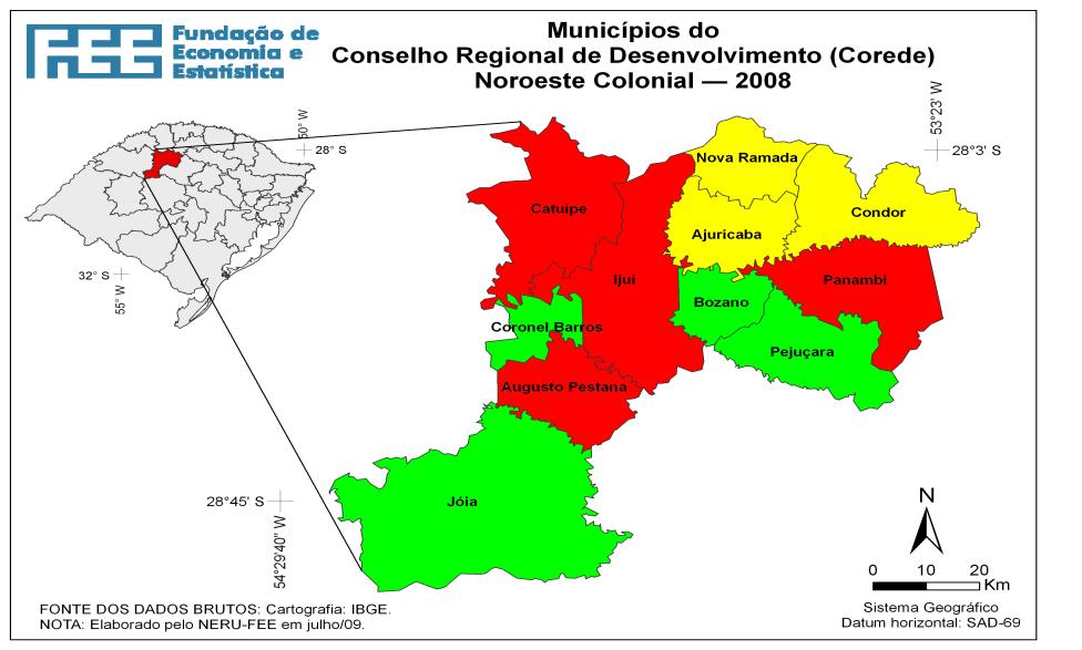 Figura 2: Noroeste Colonial Os mapas acima ilustram a área de abrangência do Projeto Fronteiras. Os municípios que estão em vermelho representam as rádios visitadas e pesquisadas.