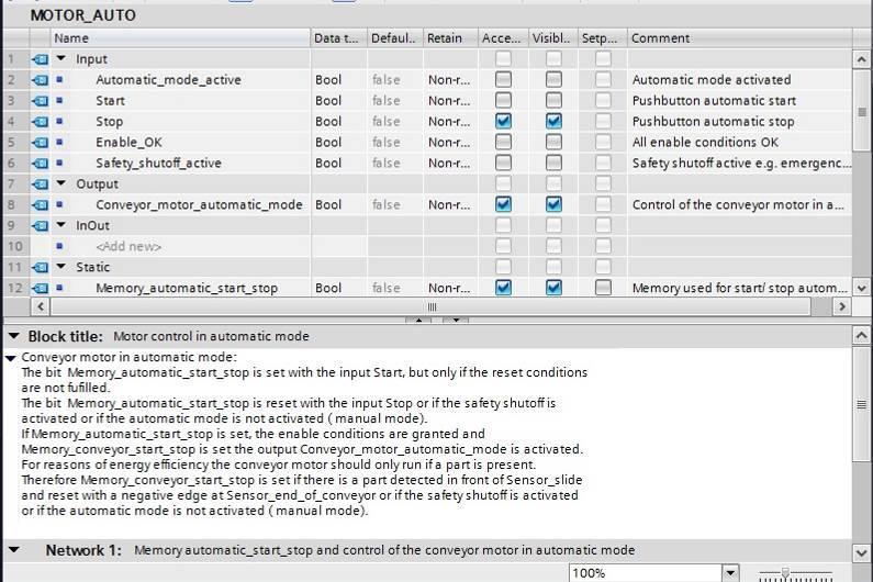 Este será mantido. Insira, em seguida, o comentário pertinente "Memory used for start/stop automatic mode" (Memória para a função start e stop em operação automática ativada).