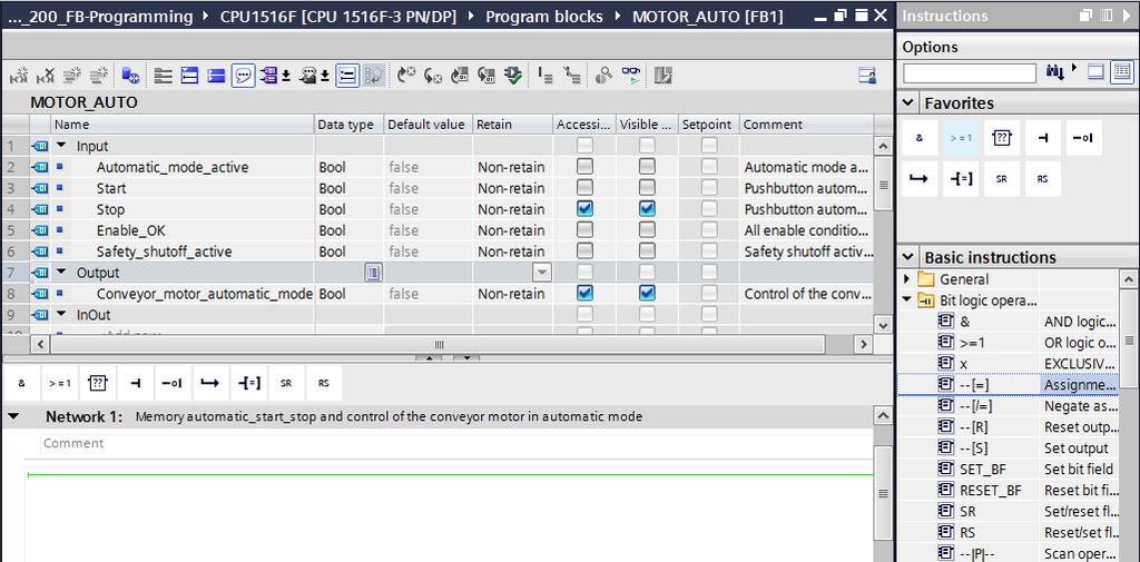 7.7 Programação do FB1: MOTOR_AUTO Abaixo da descrição das interfaces poderá ver na janela de programação uma barra de símbolos com diversas funções lógicas e, entre elas, uma área com redes.