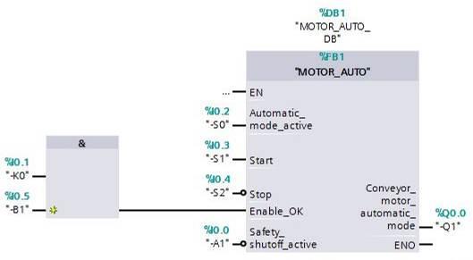 Insira as outras variáveis de entrada "-S1", "-S2", "-K0", "-B1", e "-A1", assim como, na saída "Conveyor_motor_automatic_mode" (Motor de correia_automático) a variável de saída "-Q1" (%A0.0).