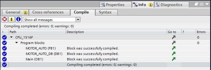 ( Program blocks (Blocos do programa) ) Na área "Info" "Compile" (Verter) será mostrado em seguida, qual bloco pôde