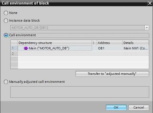 ( Instance data block (Bloco de dados de instância) MOTOR_AUTO_DB1 [DB1] Call environment (Âmbito de solicitação) Address (Endereço): OB1