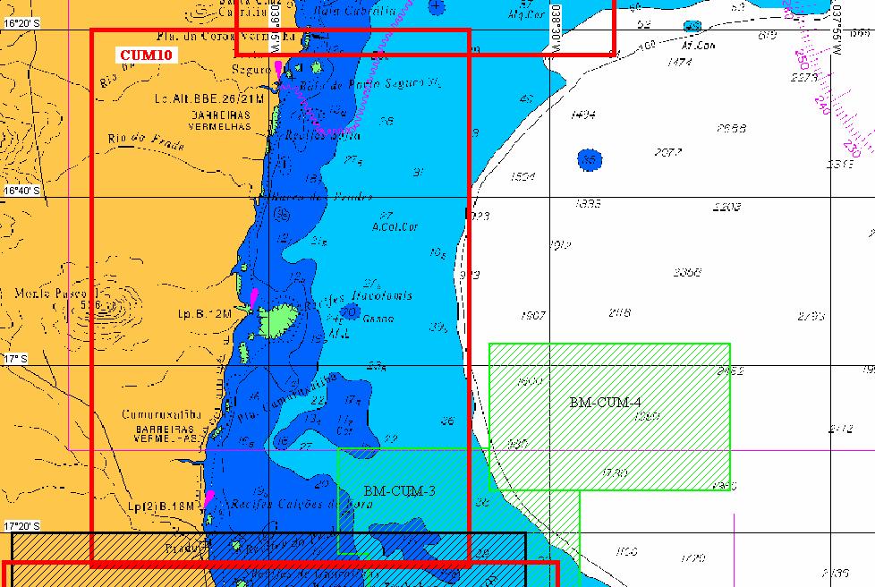 Plano Cartográfico para a Bacia Marítima de Cumuruxatiba (1 carta tática ou intermediária). CUM10 TIPO: polígono 1.