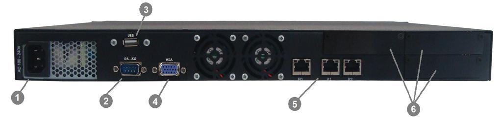 Vista posterior do EBS Server 1 - Entrada de alimentação full range 110/220V Tensão 100/240 seleção automática, acompanha cabo padrão NBR ABNT 14136. 2 - Porta RS-232 Saída comunicação Serial RS-232.