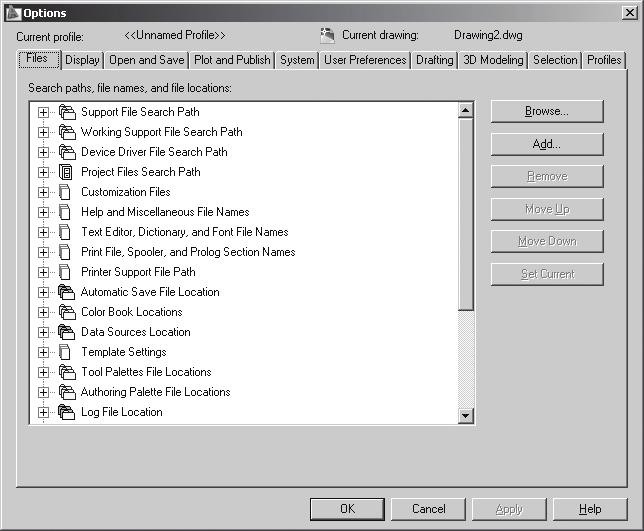 10 AutoCAD 2009 e AutoCAD LT 2009 Não Requer Experiência 1. Forneça options para abrir a caixa de diálogo Options (Opções) mostrada na Figura 1.7.