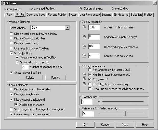 Clique na guia Display (Exibir), que é mostrada na Figura 1.8. Concentre-se na seção Window Elements (Elementos da Janela).