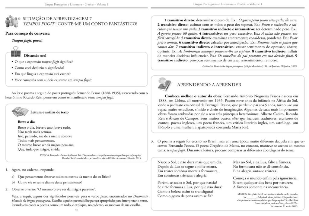 Caderno do Aluno de Língua Portuguesa e Literatura (2014-2017), 2ª série, E.M., volume 1, p.73.