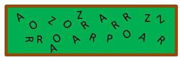 1. Alberto escreveu algumas letras no quadro-negro de sua sala de aula. Qual letra escrita no quadro não está na palavra ARROZ?